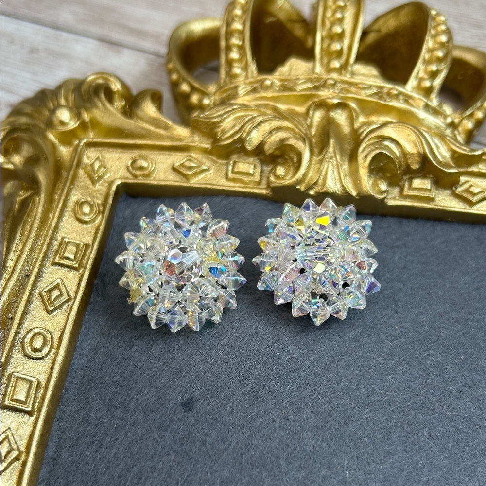 Vintage AB Crystal Cluster Clip On Earrings